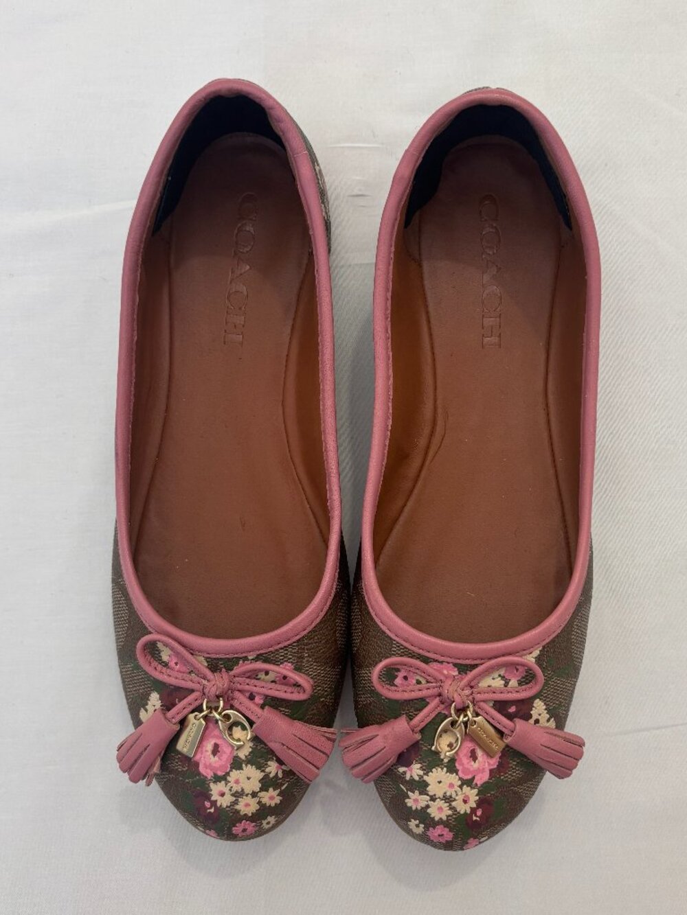 Coach Signature C Floral Ballet Flats Pink w/ Bow Tassel